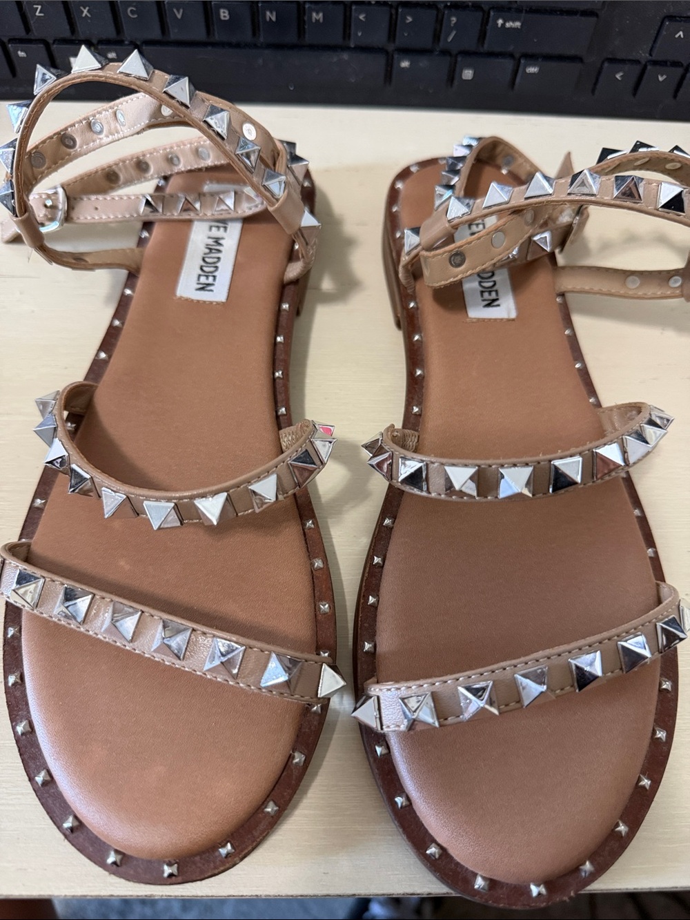 Steve Madden Nude/Tan Studded Pyramid Strap Sandals